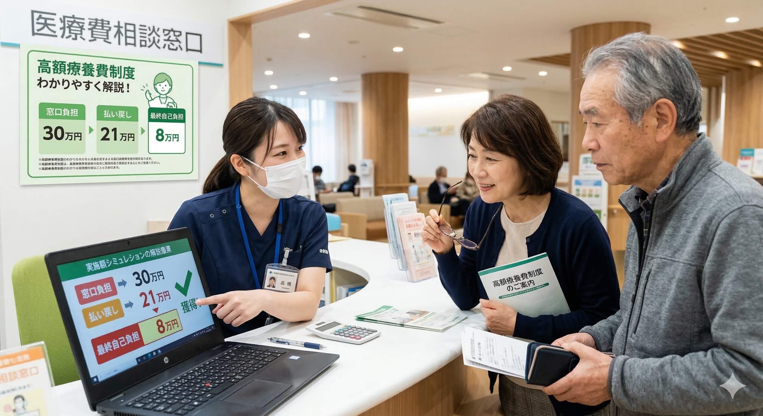 高額療養費制度について病院窓口で説明を受ける患者と、パソコン画面に表示された自己負担額の計算シミュレーターの様子